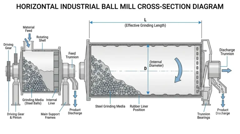 Engineering cross-section diagram of a horizontal industrial ball mill