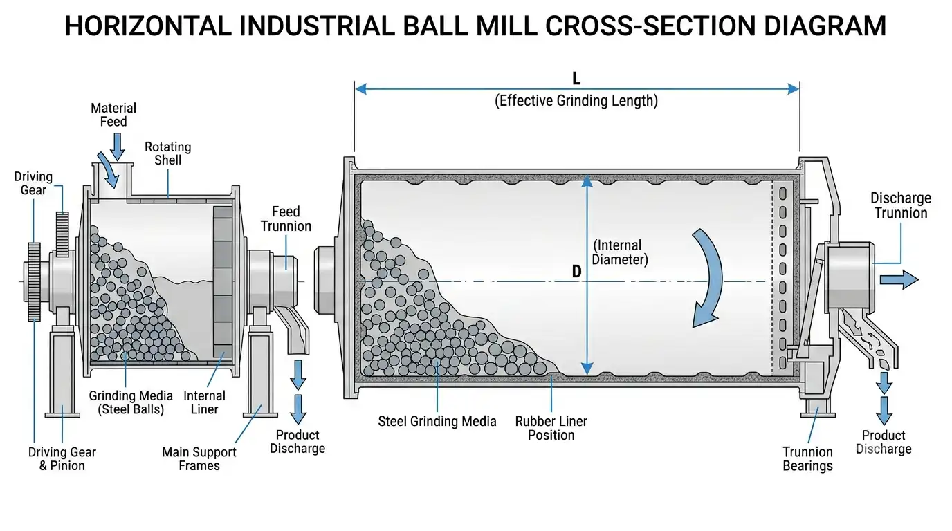 Engineering cross-section diagram of a horizontal industrial ball mill