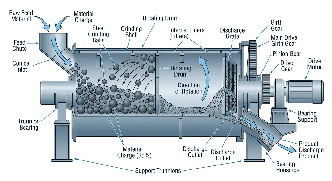 Technical cross-section diagram of a continuous ball mill