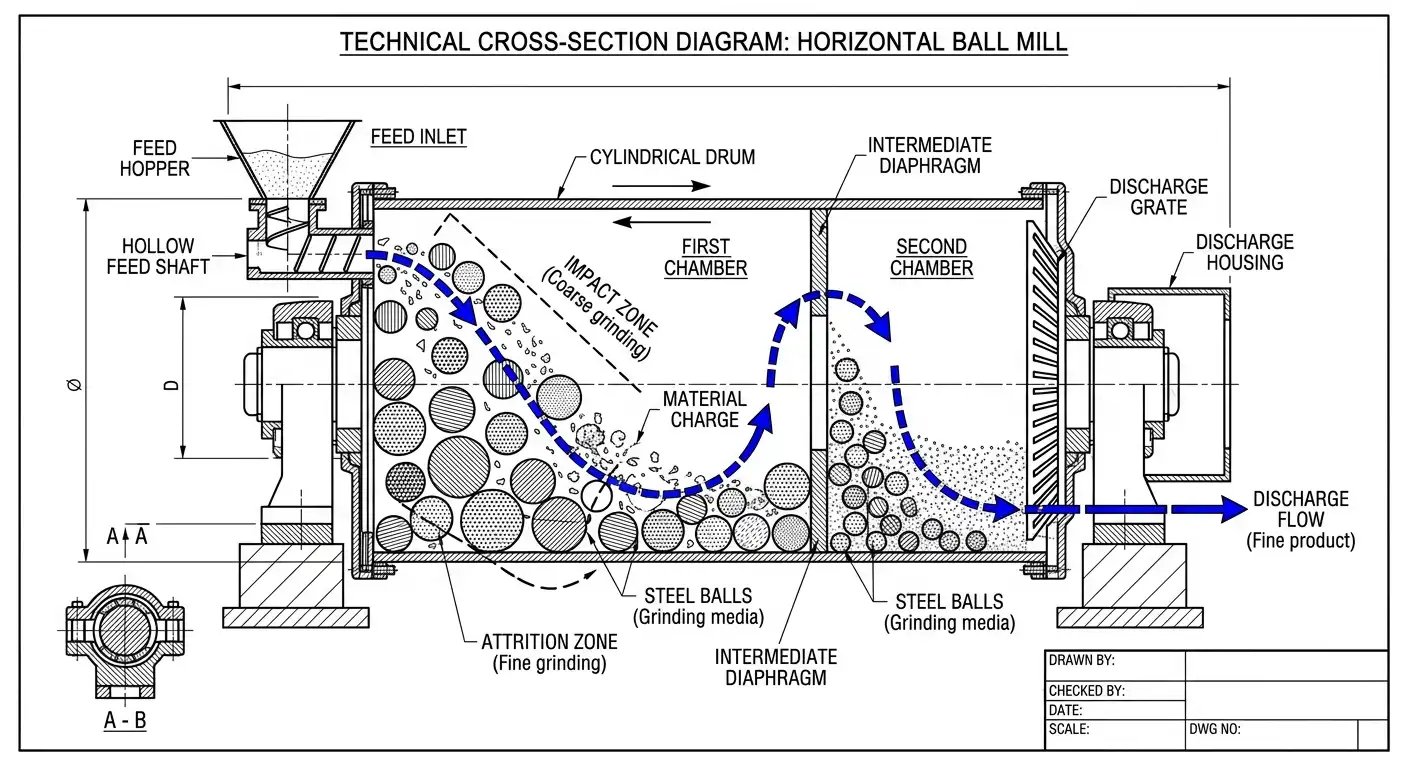 Technical cross-section diagram of a small horizontal ball mill