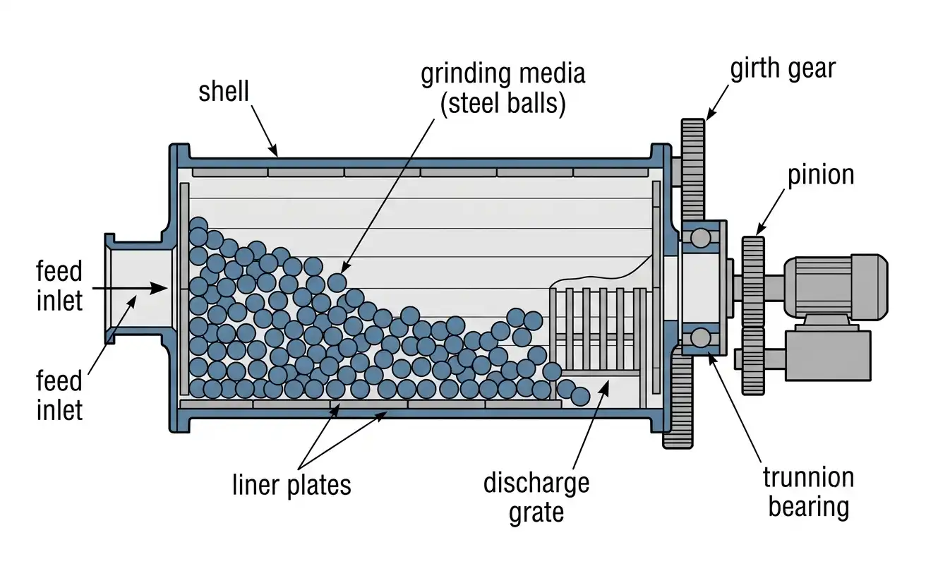 cross-section diagram showing shell, grinding media, liners, and drive