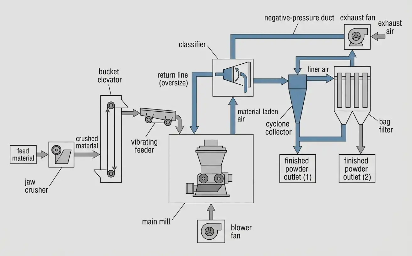 process flow diagram from feeding through grinding, classification, and dust collection