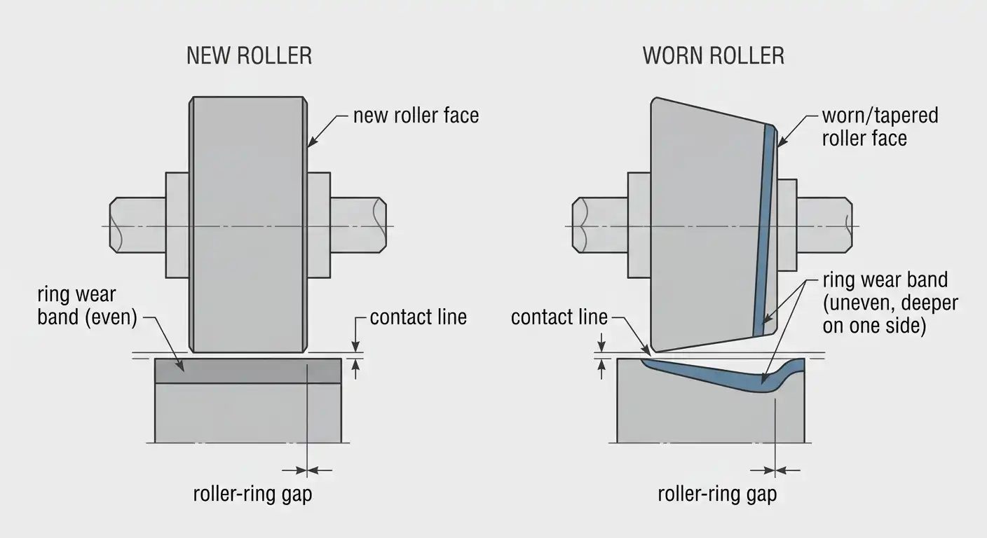 cross-section comparison of a new versus unevenly worn grinding roller and ring