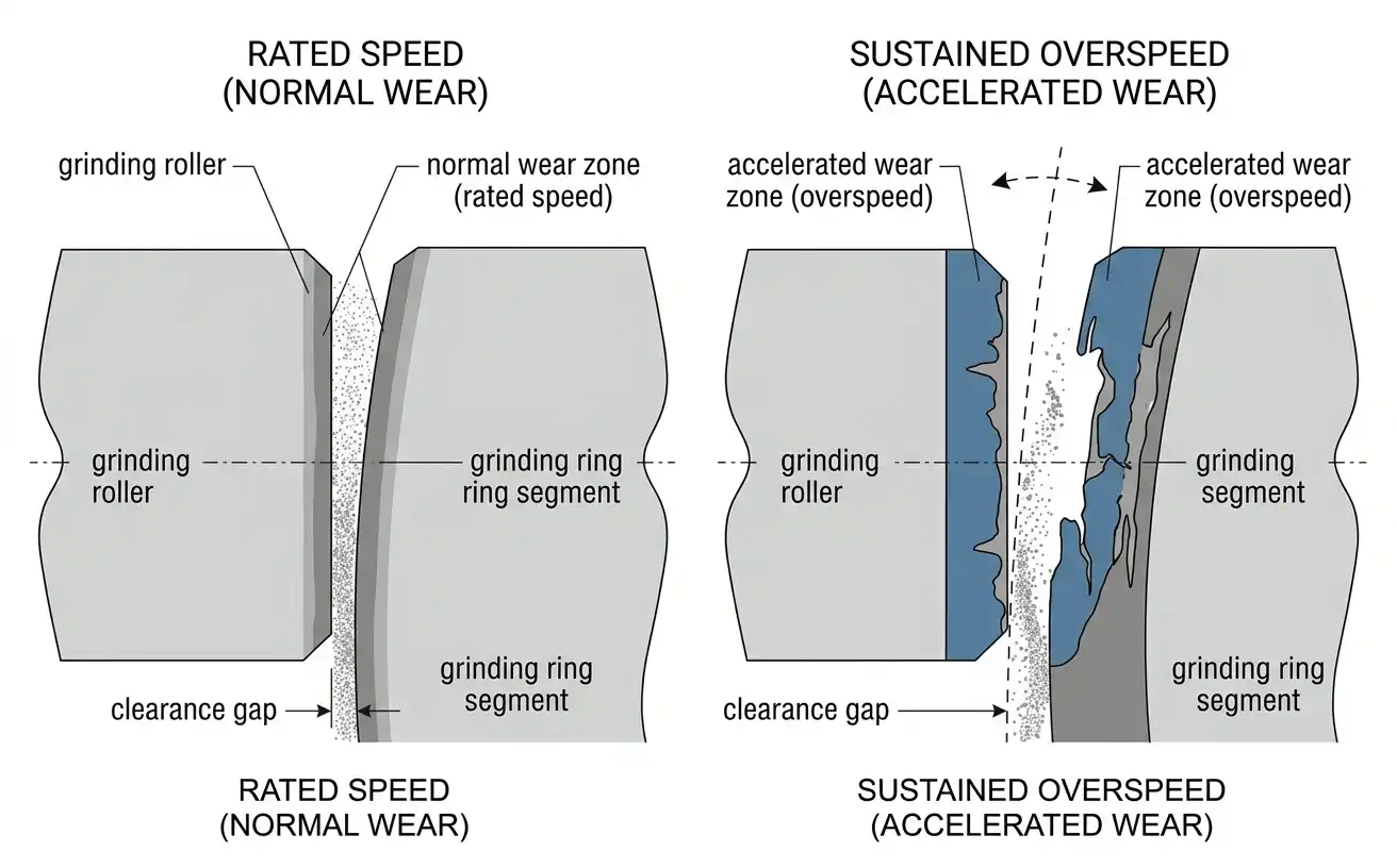 comparison of normal and accelerated roller wear patterns at rated speed versus overspeed operation