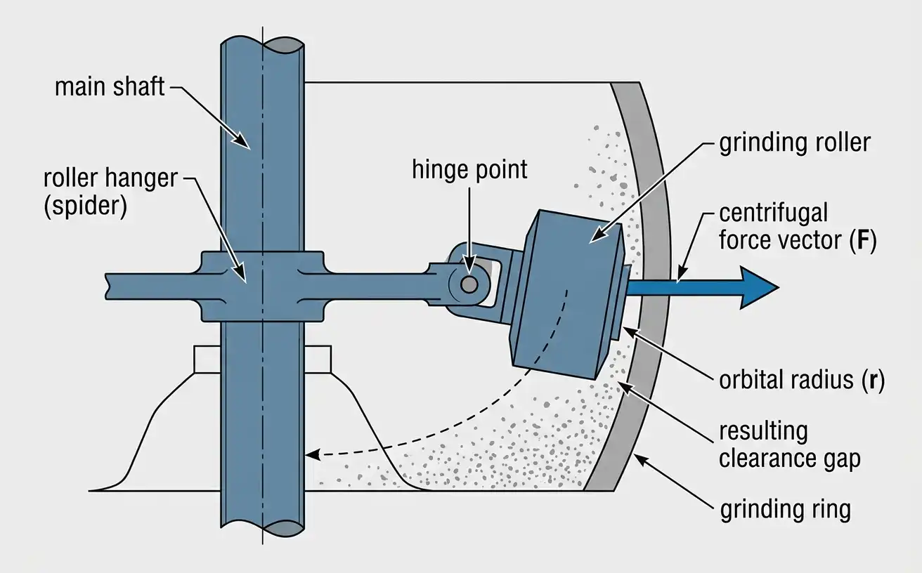 cross-section diagram showing the roller hanger, hinge point, and centrifugal force vector swinging the roller against the grinding ring