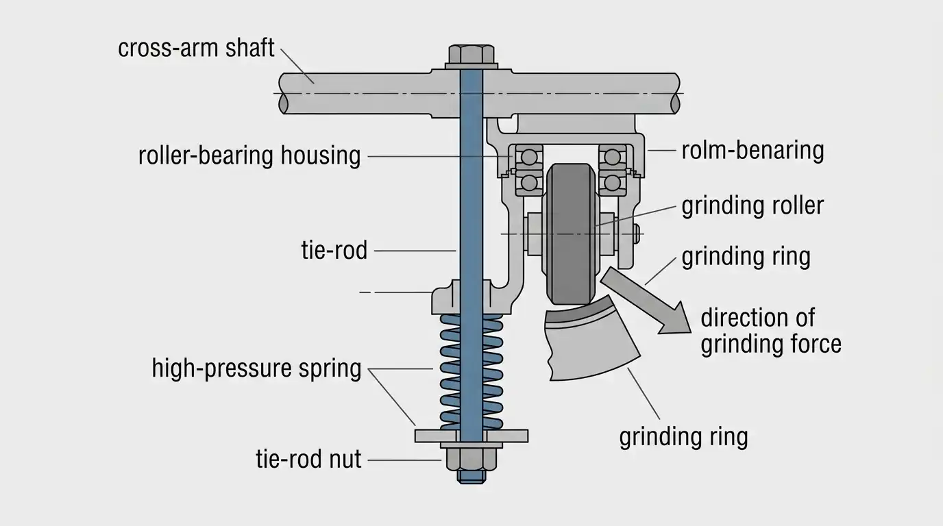 cutaway diagram of a pendulum assembly showing the spring, tie-rod, and grinding roller