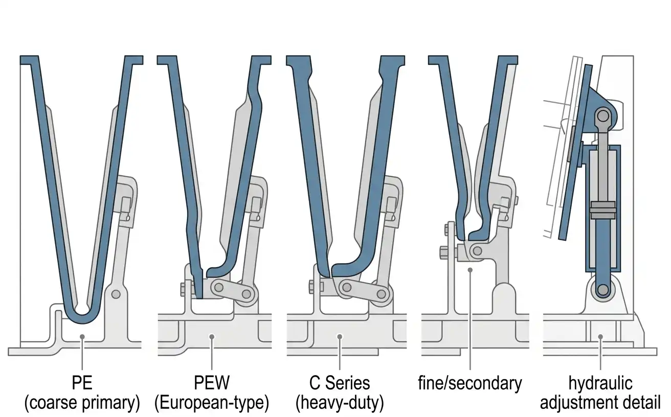 five silhouettes of jaw crusher chambers