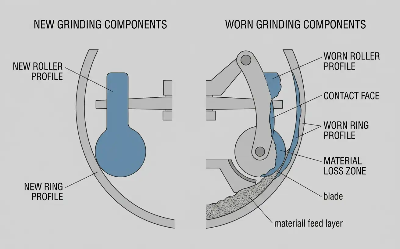 cross-section comparison of new and worn grinding roller and grinding ring surfaces