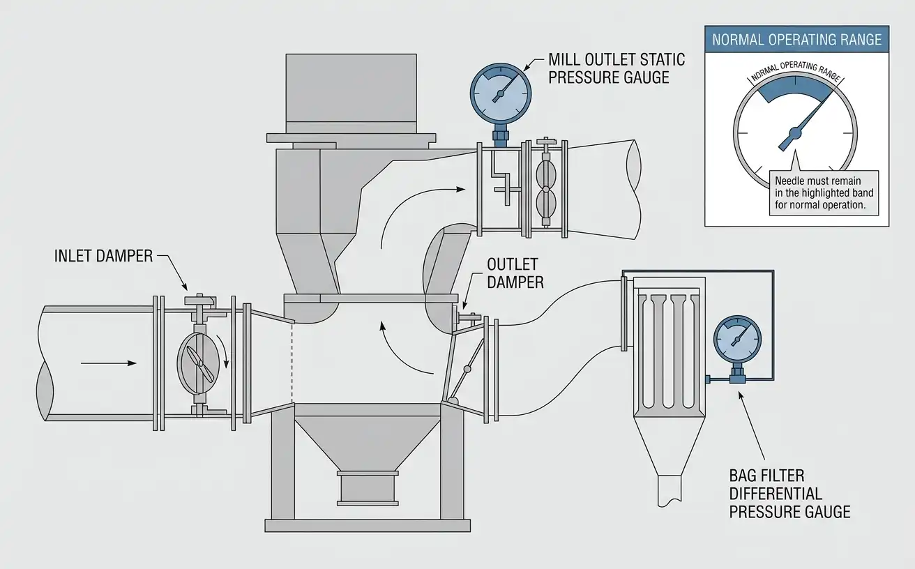 diagram of inlet and outlet dampers with differential pressure gauge positions