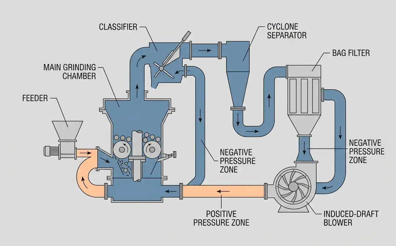 schematic diagram of pressure zones across the grinding, classifying, and dust-collection circuit