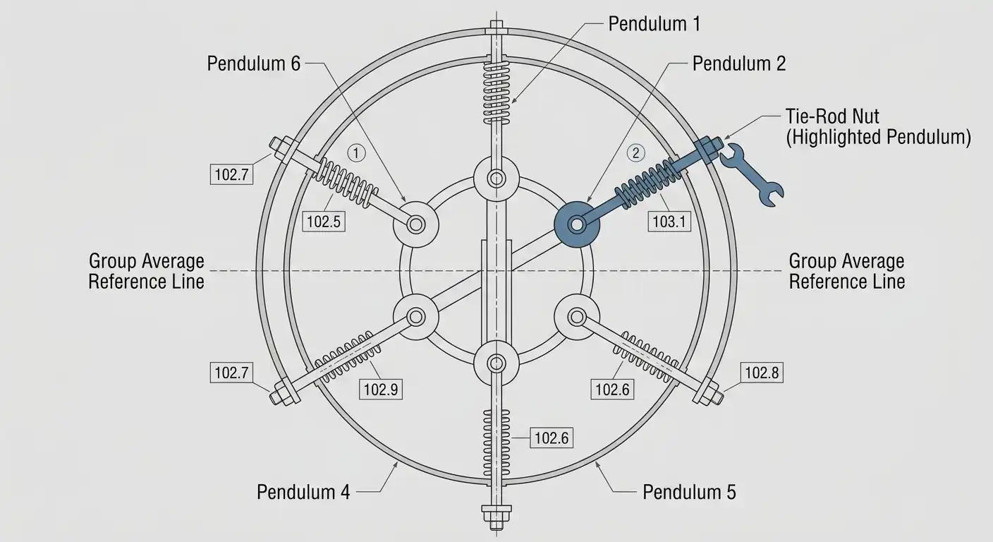 plan-view diagram of spring compression measurement across six pendulums during tension equalization
