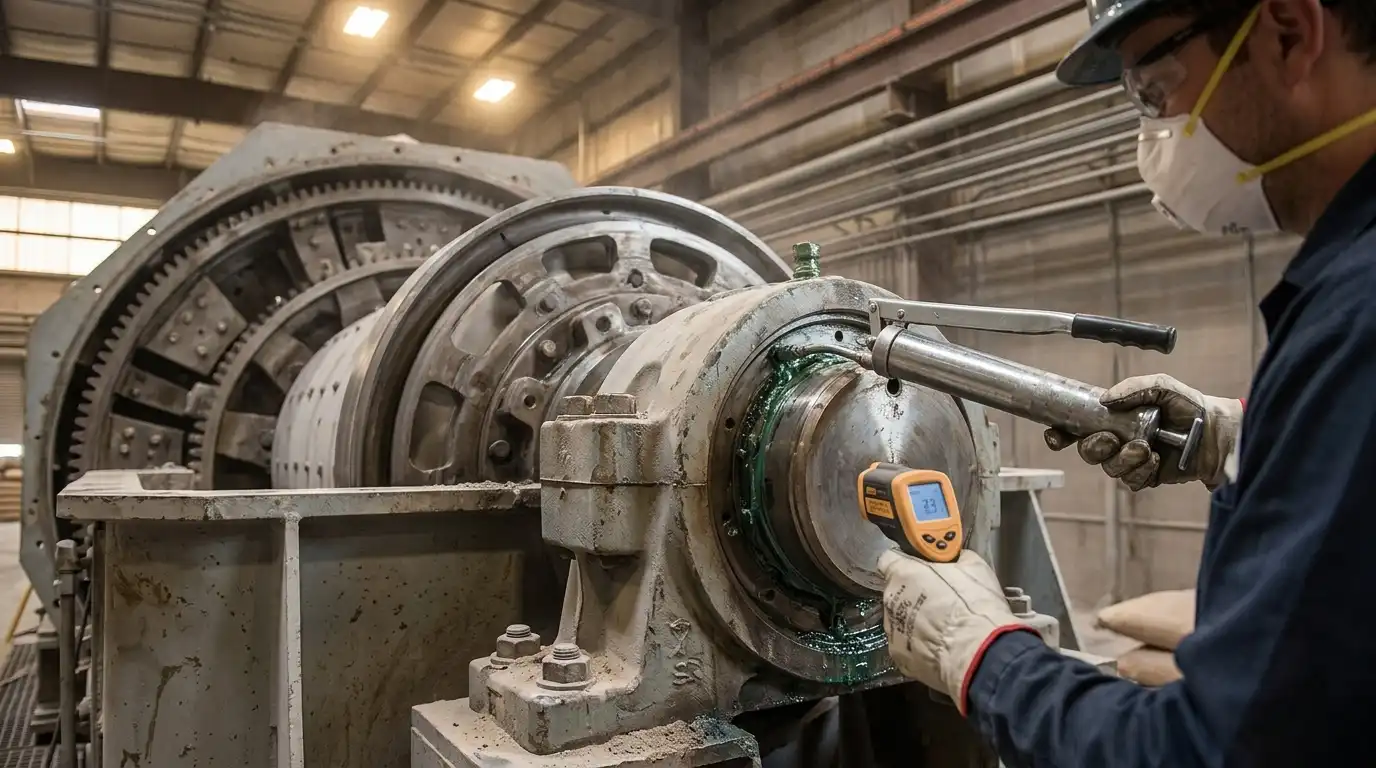 Technician greasing a Raymond mill