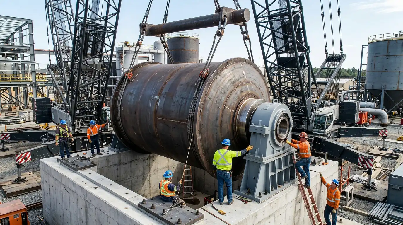 Ball mill shell being lowered onto trunnion bearings during installation