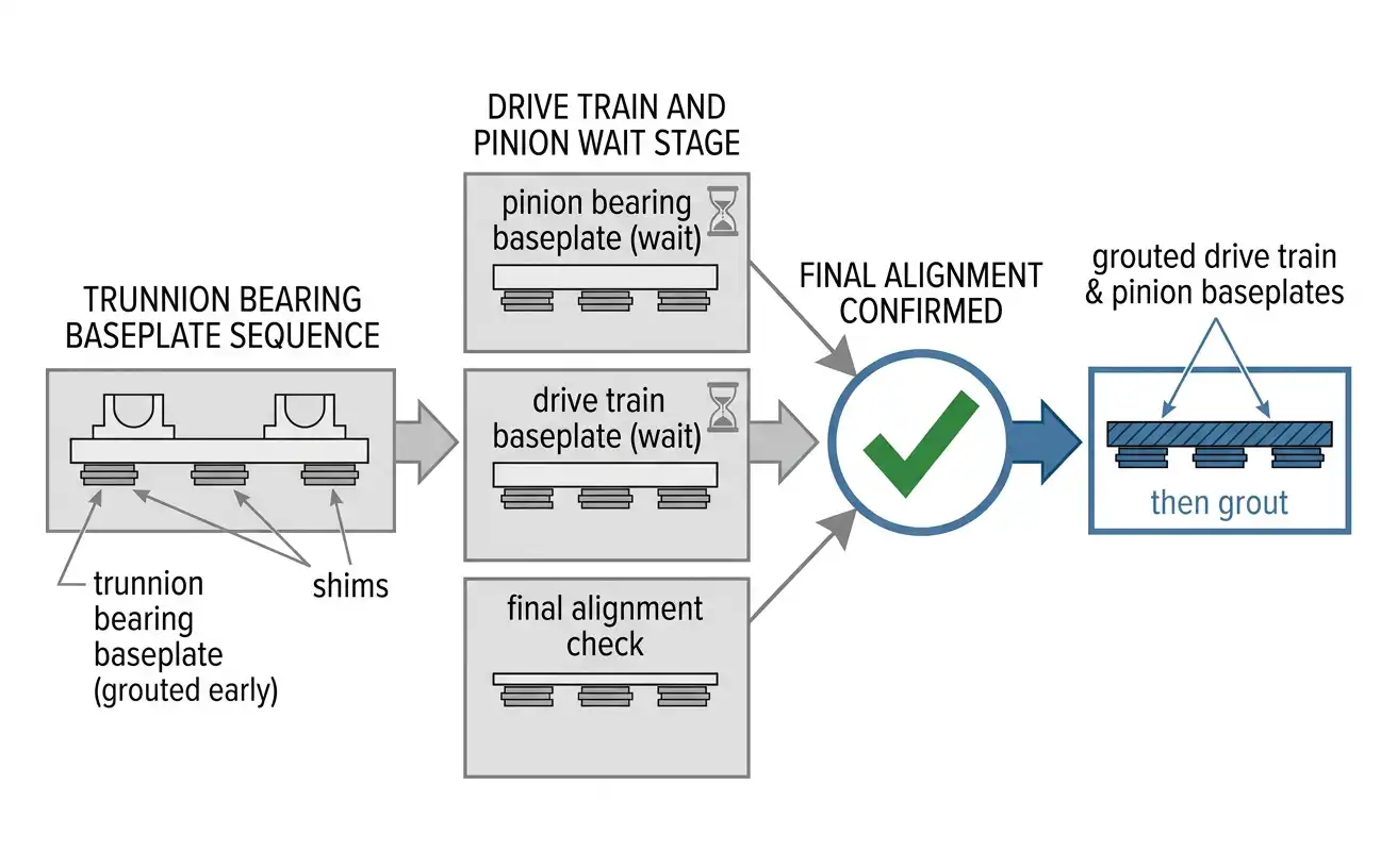Staged grouting sequence diagram showing trunnion bearings grouted before the drive train