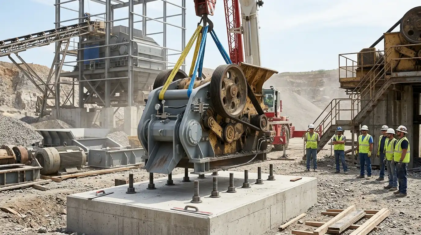 crane lowering the machine onto its concrete foundation