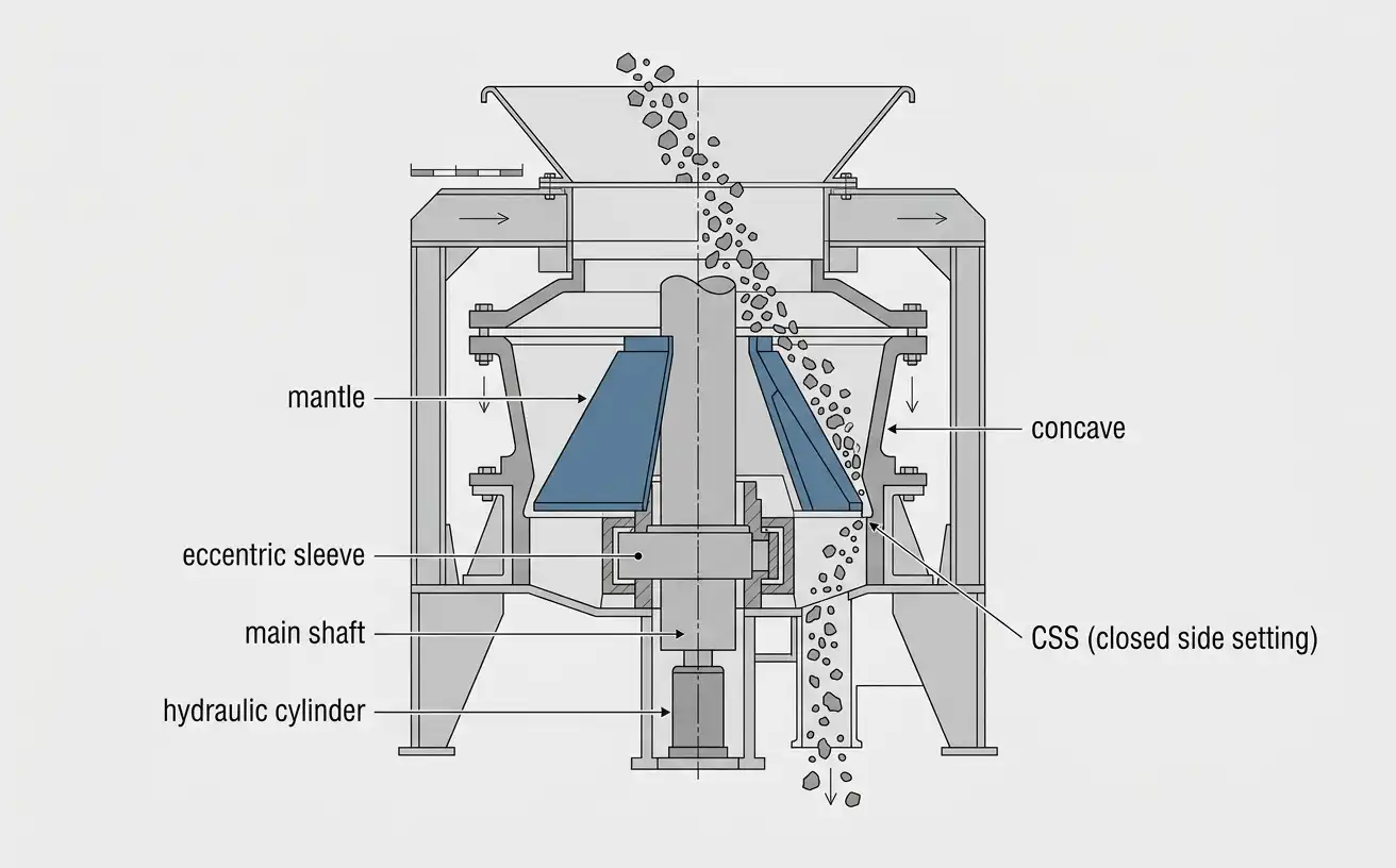 cross-section diagram of a hydraulic cone crusher