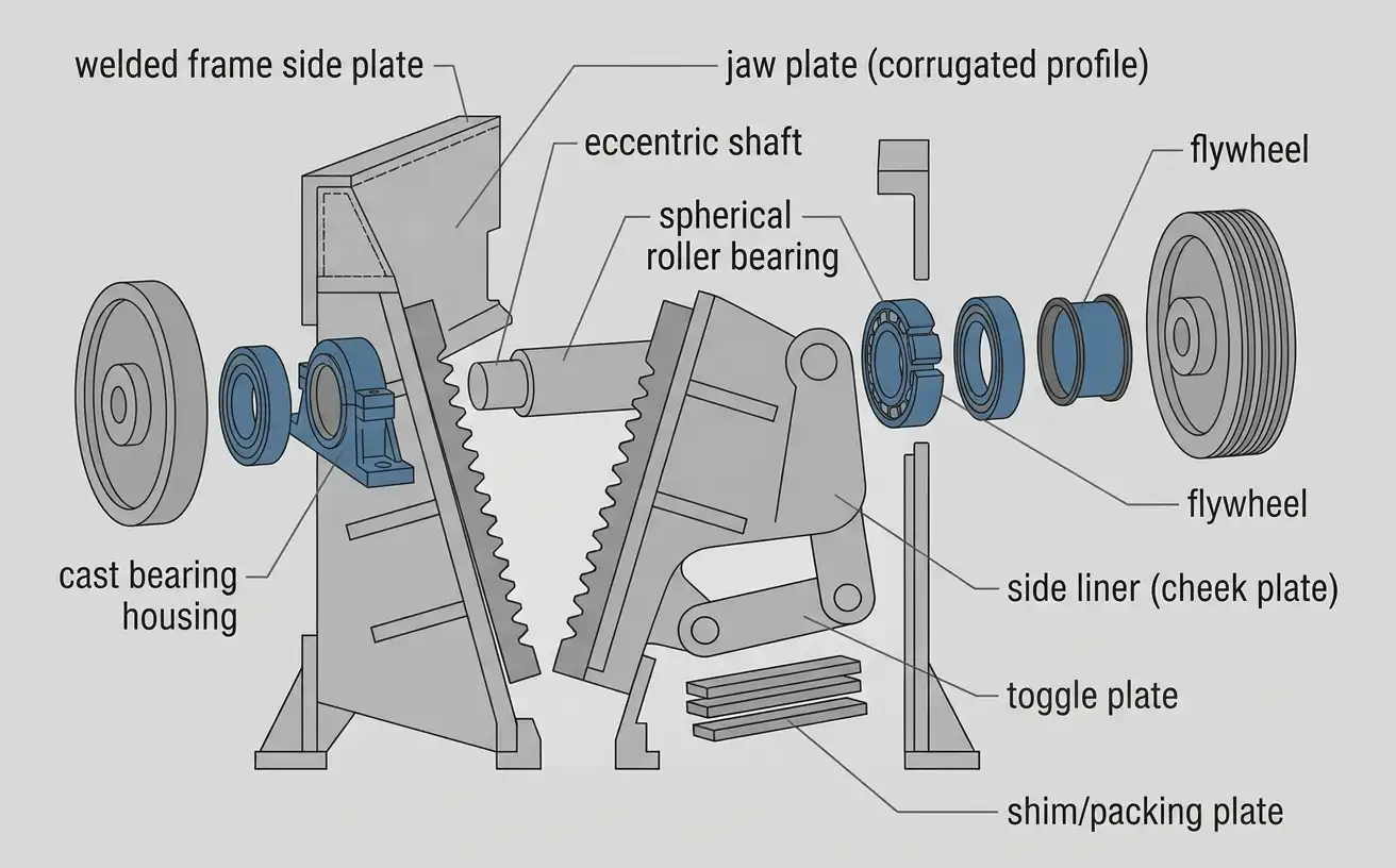 exploded-view diagram of a PE jaw crusher