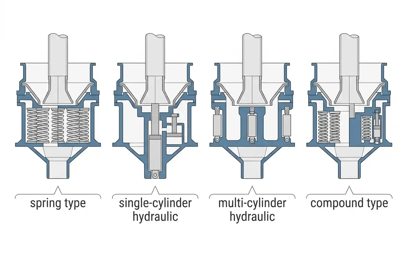 four cutaways of a cone crusher body