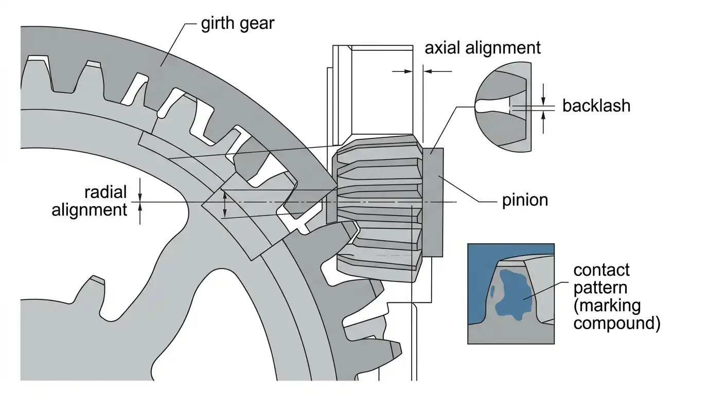 Girth gear and pinion alignment diagram showing backlash and contact pattern check