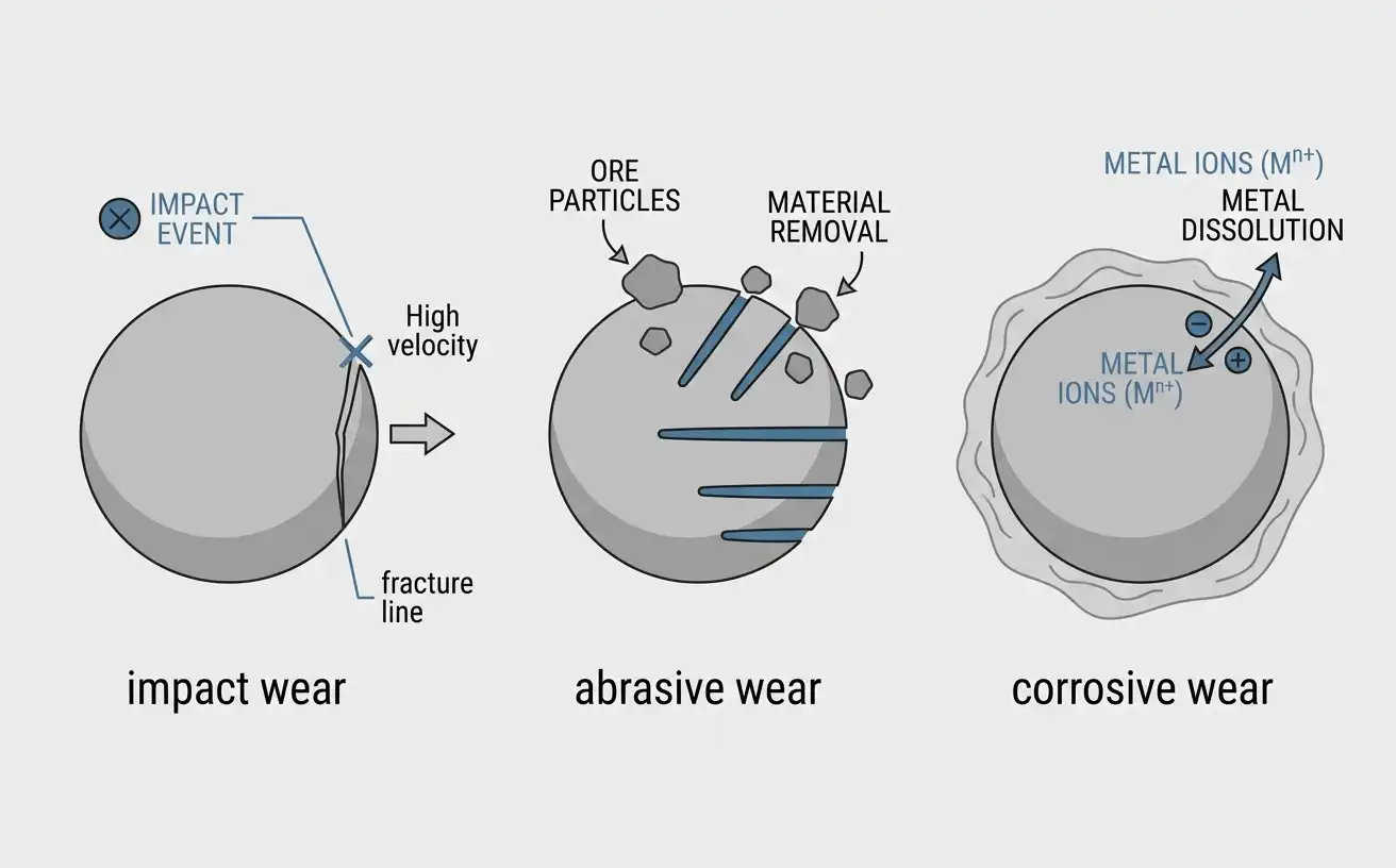 grinding ball under each wear mechanism