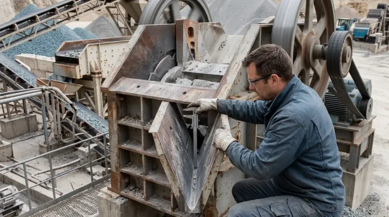 Technician measuring closed side setting at a jaw crusher discharge opening
