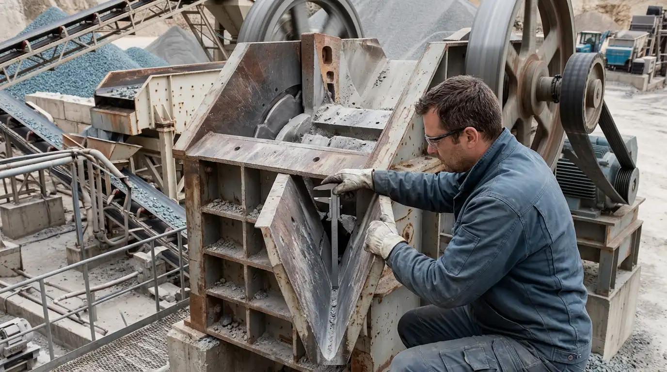 Technician measuring closed side setting at a jaw crusher discharge opening