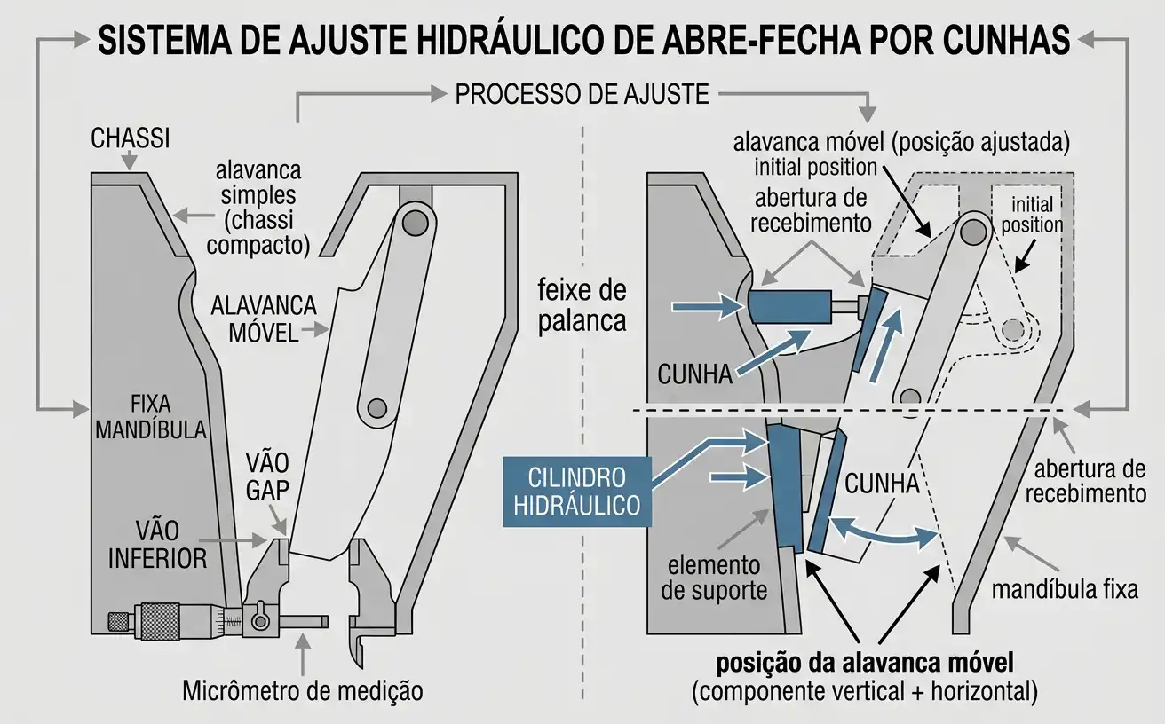Hydraulic cylinders pushing wedges behind the toggle seat for CSS adjustment