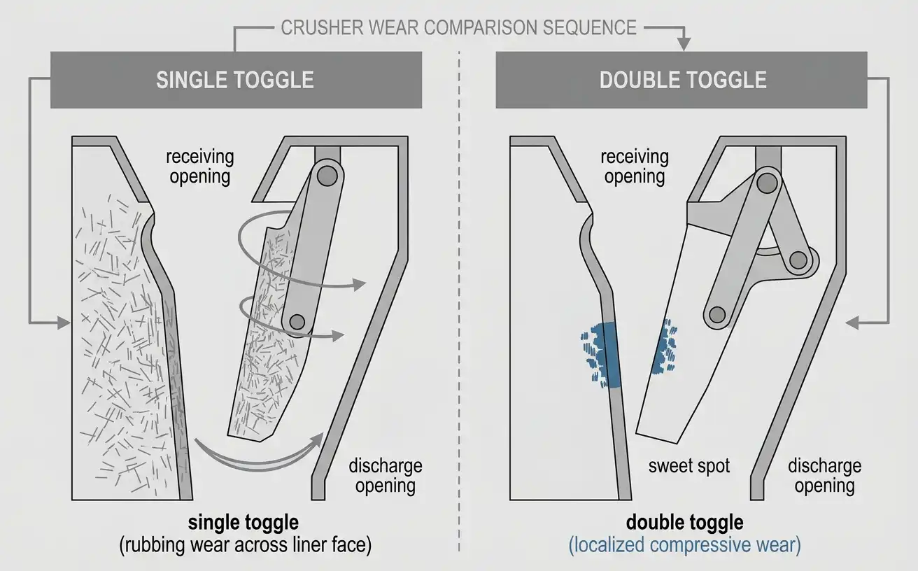 Jaw liner wear pattern comparison between single toggle and double toggle crushers