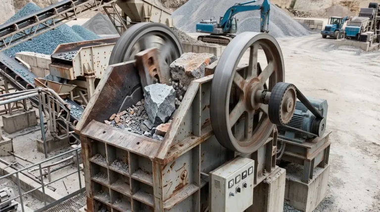 Single toggle jaw crusher mid-cycle on a quarry crushing line