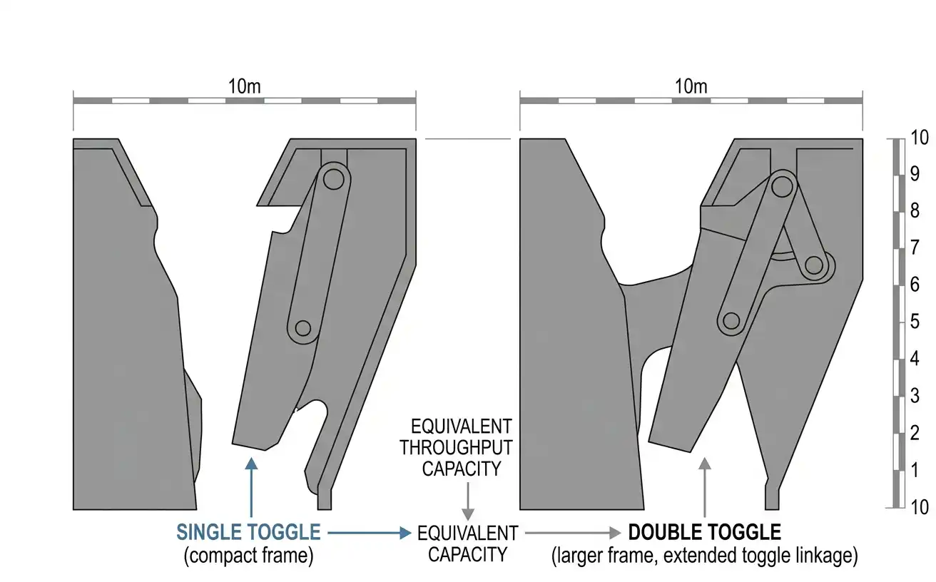 Single toggle vs double toggle jaw crusher size comparison at equivalent throughput capacity