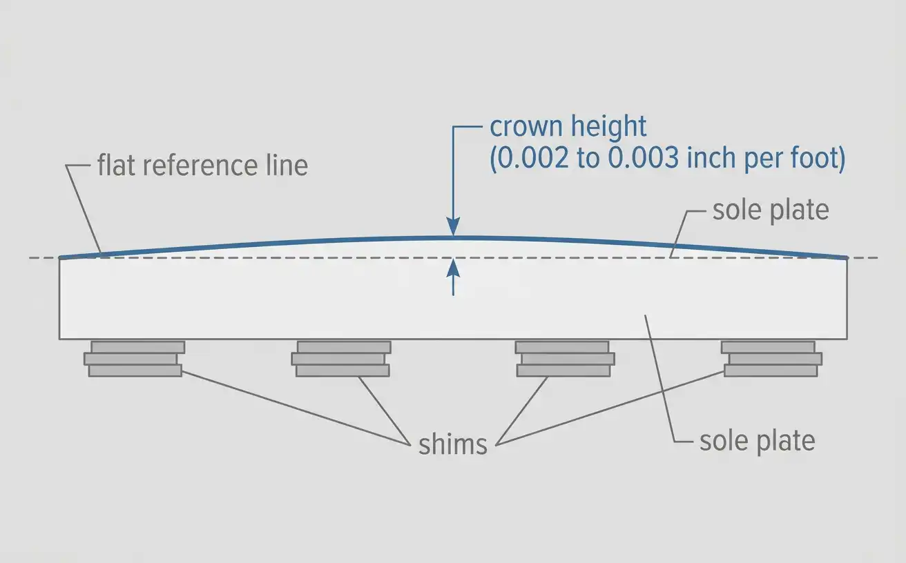 Trunnion bearing sole plate crown diagram showing 0.002 to 0.003 inch per foot rise