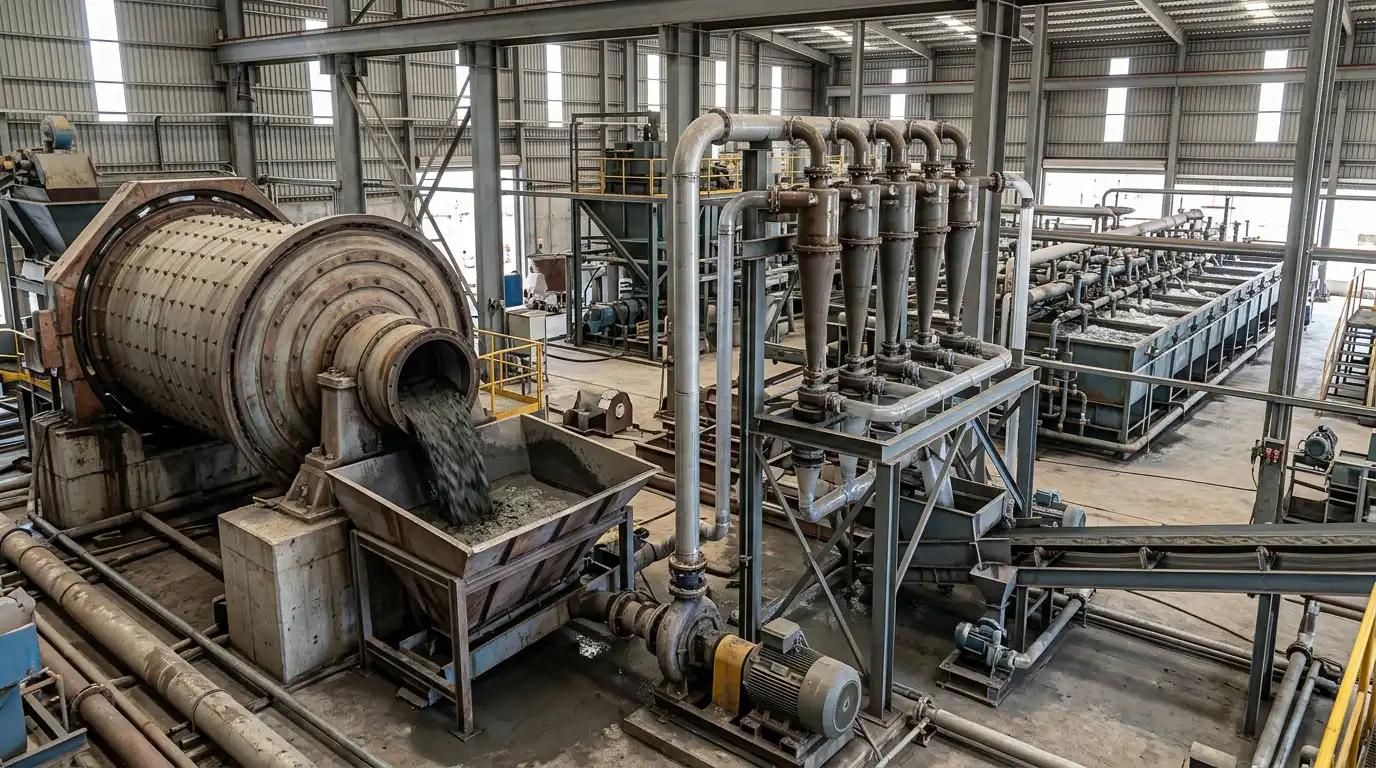 Ball mill discharging into hydrocyclones ahead of flotation cells at a gold processing plant