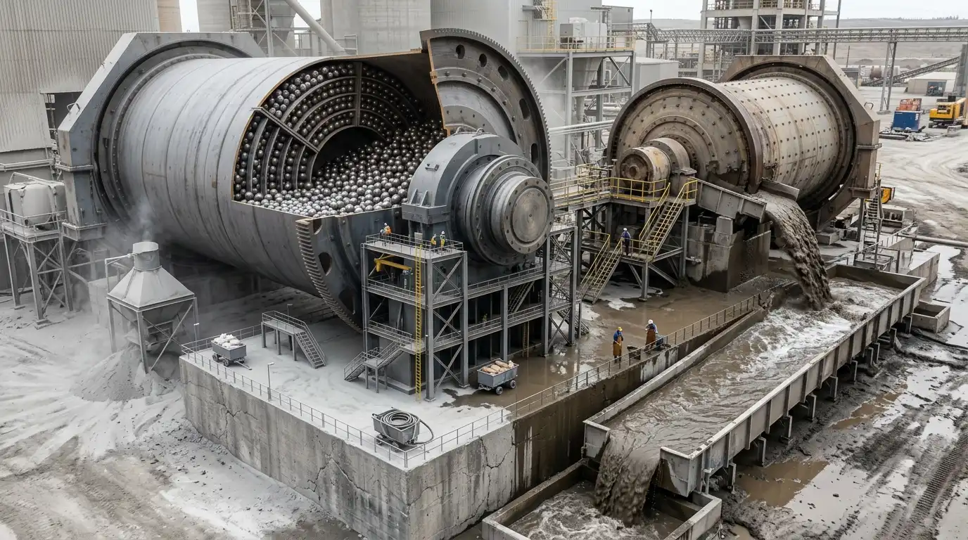 Dry cement mill discharge compared to wet mineral processing ball mill discharge