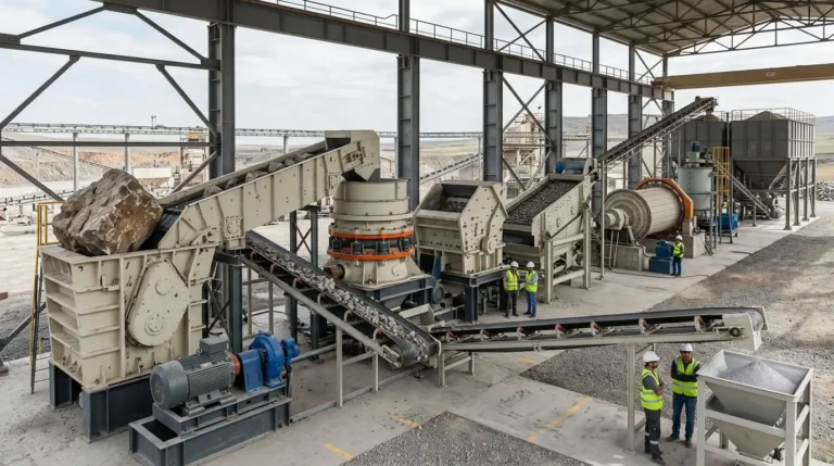 Rock being progressively reduced from boulder to powder across a crushing and grinding line