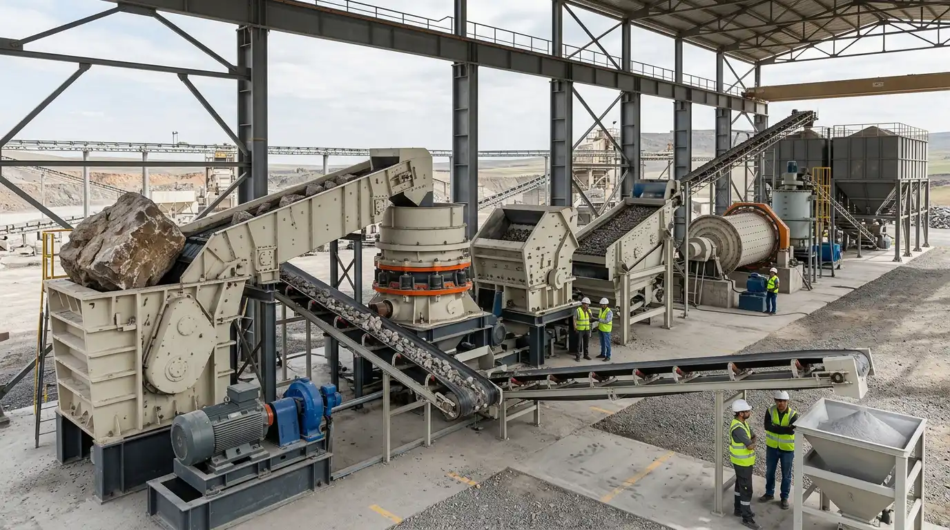 Rock being progressively reduced from boulder to powder across a crushing and grinding line