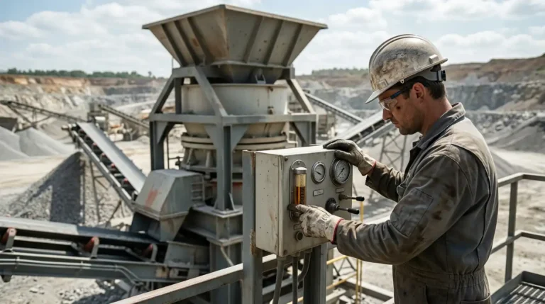 Technician checking oil and hydraulic readings during a daily cone crusher maintenance check