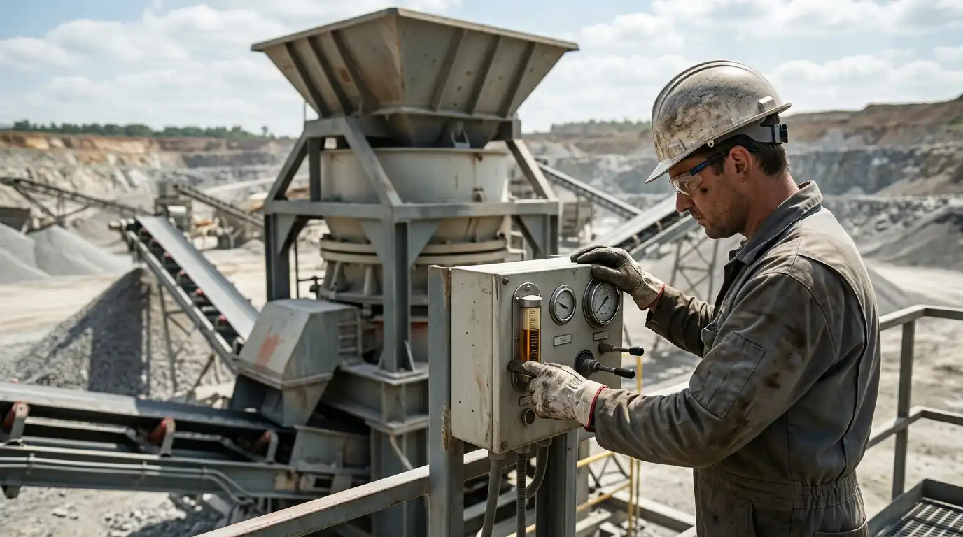 Technician checking oil and hydraulic readings during a daily cone crusher maintenance check