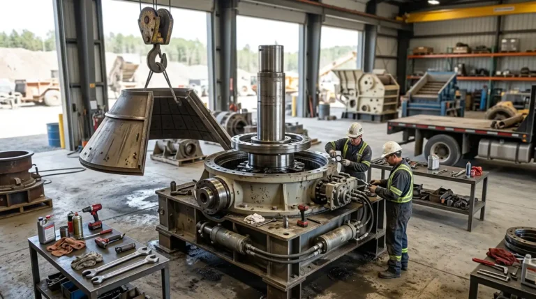 Disassembled cone crusher showing the main shaft and eccentric sleeve mechanism
