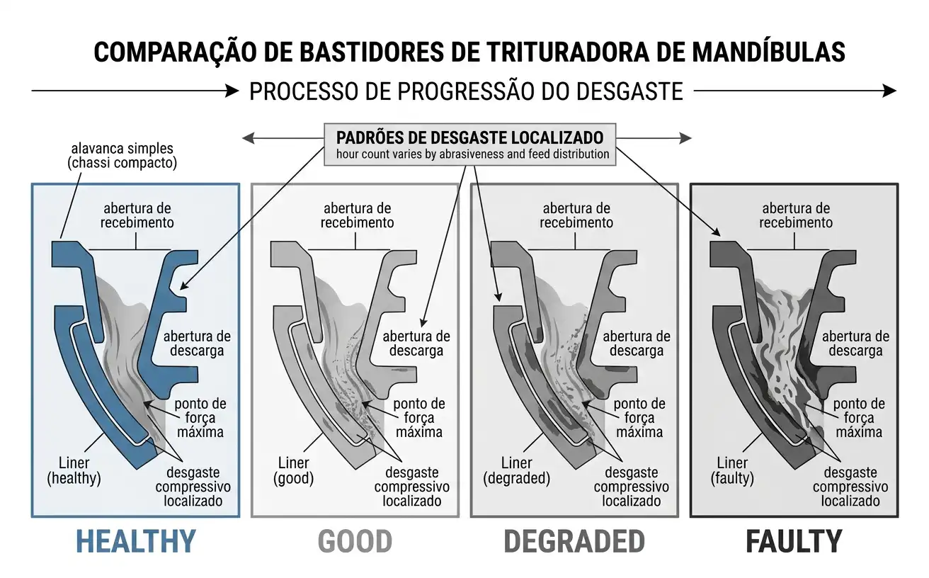 Four-stage cone crusher liner wear progression from healthy to faulty