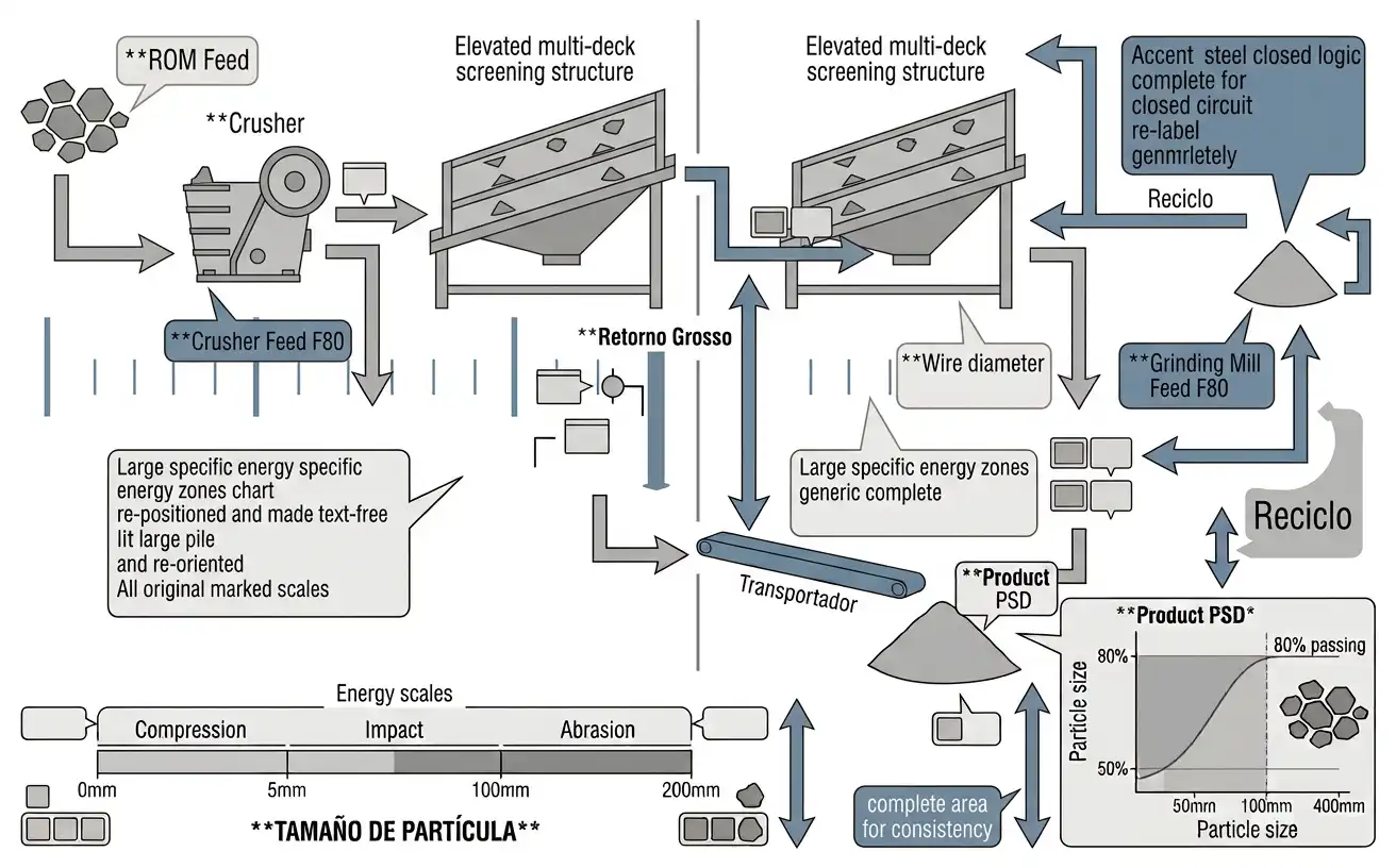 Crushing and grinding flowsheet with F80 and P80 marked at circuit stages