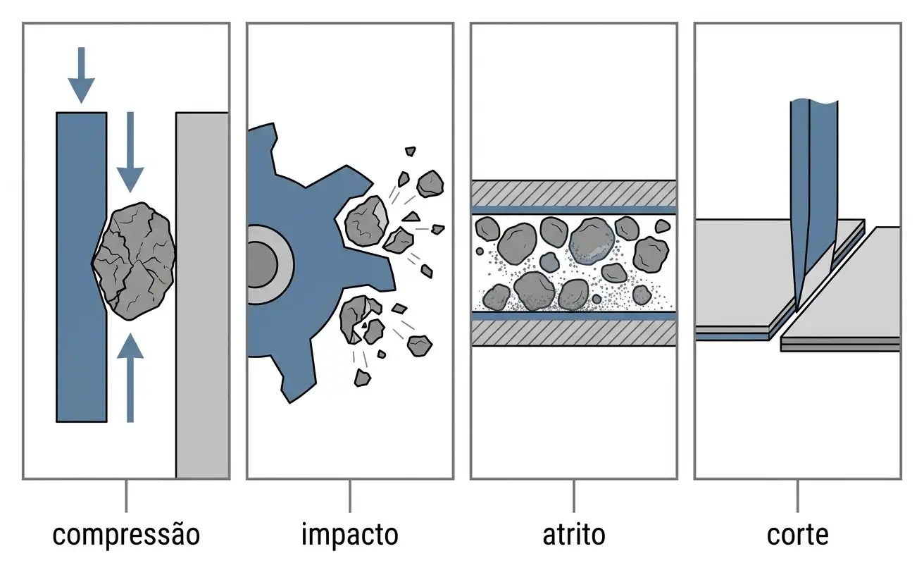 Four comminution breakage mechanisms — compression, impact, attrition, and cutting