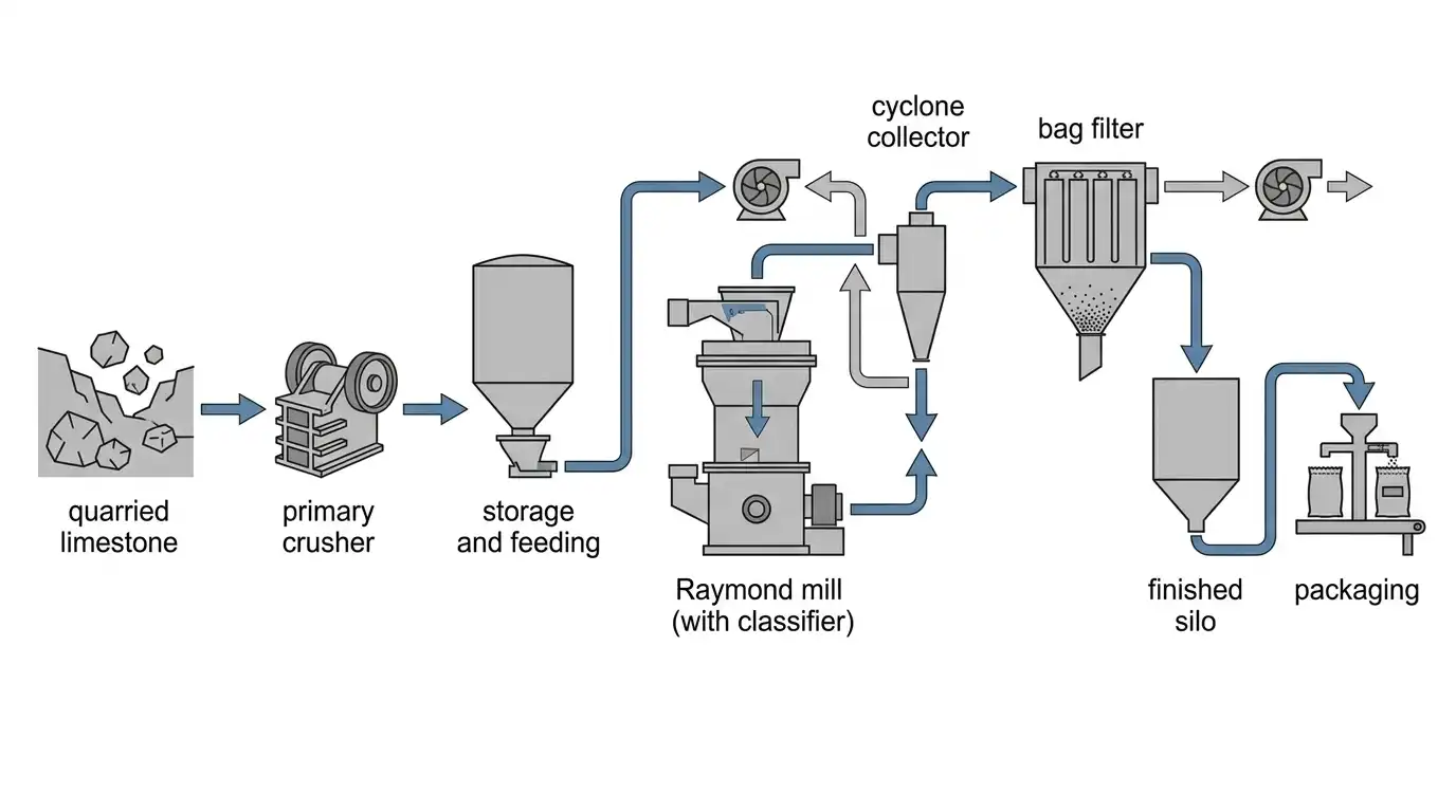 Complete process flow diagram from quarried limestone through crushing, Raymond mill grinding, dust collection, and packaging