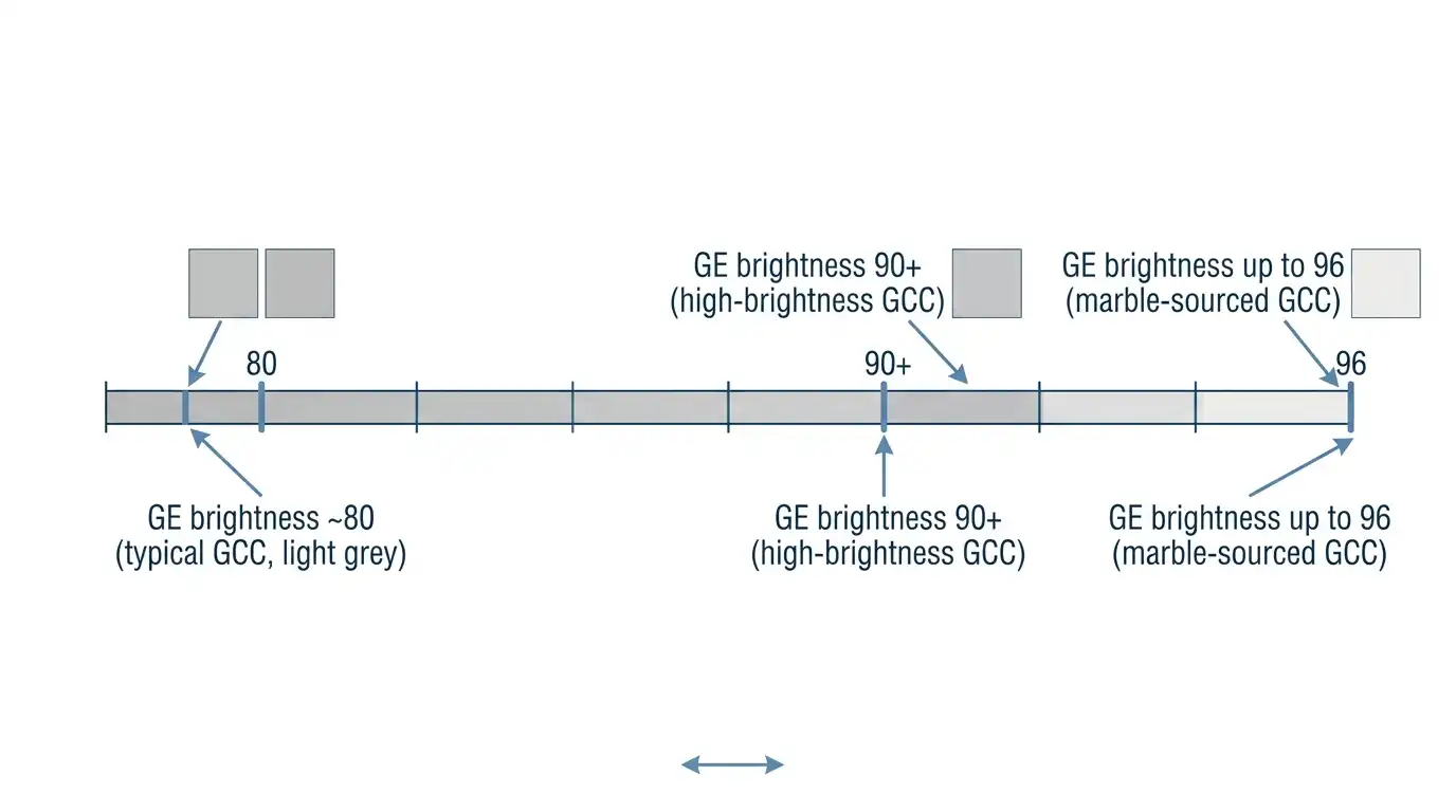 GE brightness scale from typical light-grey GCC through high-brightness and marble-sourced GCC