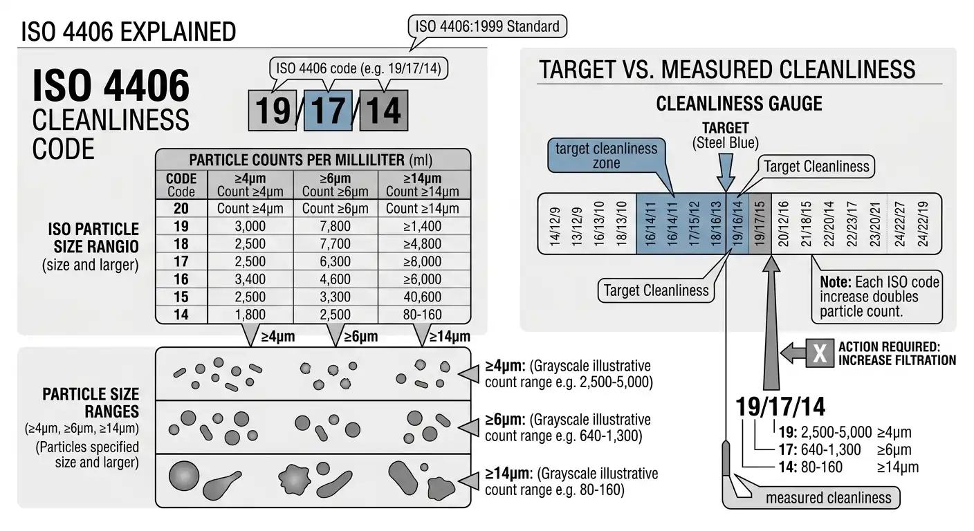 ISO 4406 hydraulic fluid cleanliness code with particle counts at three size ranges