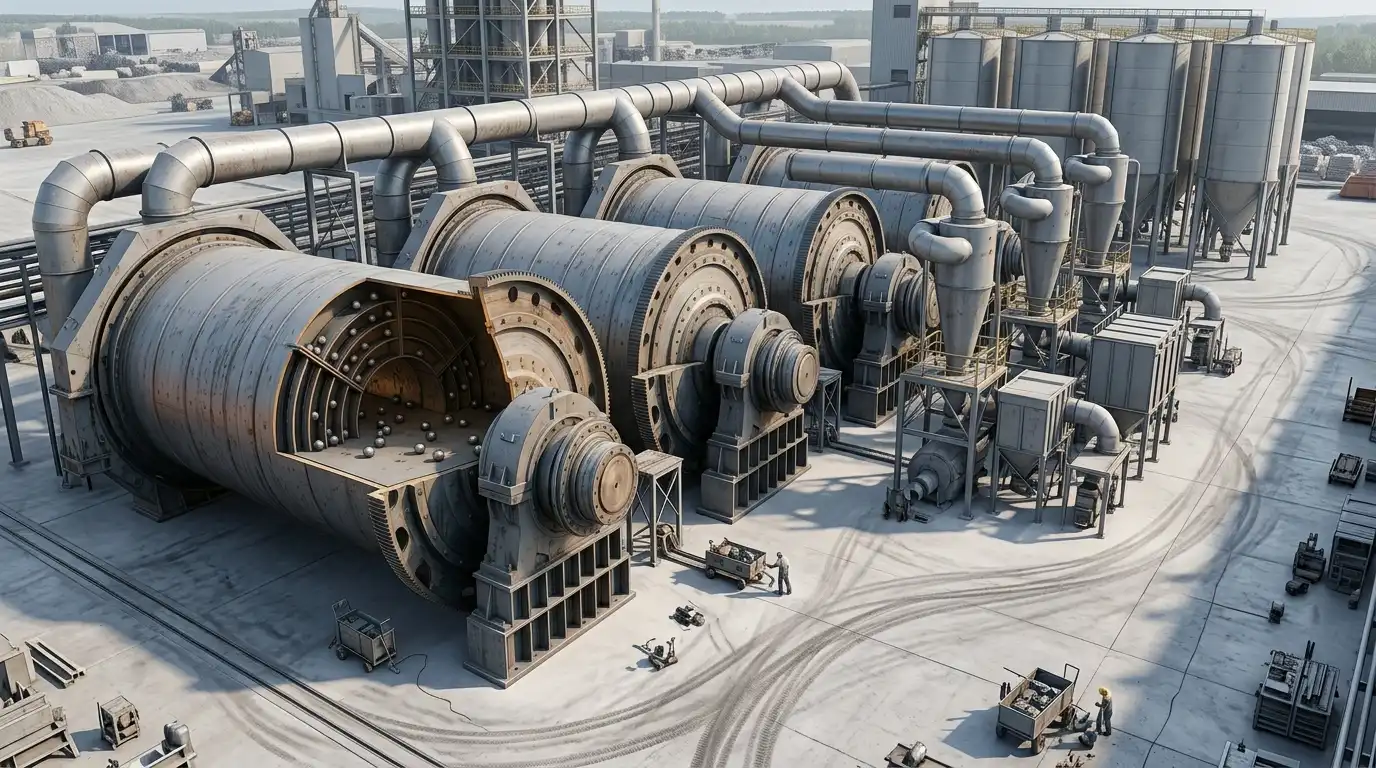 Full ground calcium carbonate production line with multiple Raymond mills, cyclones, and bag filters