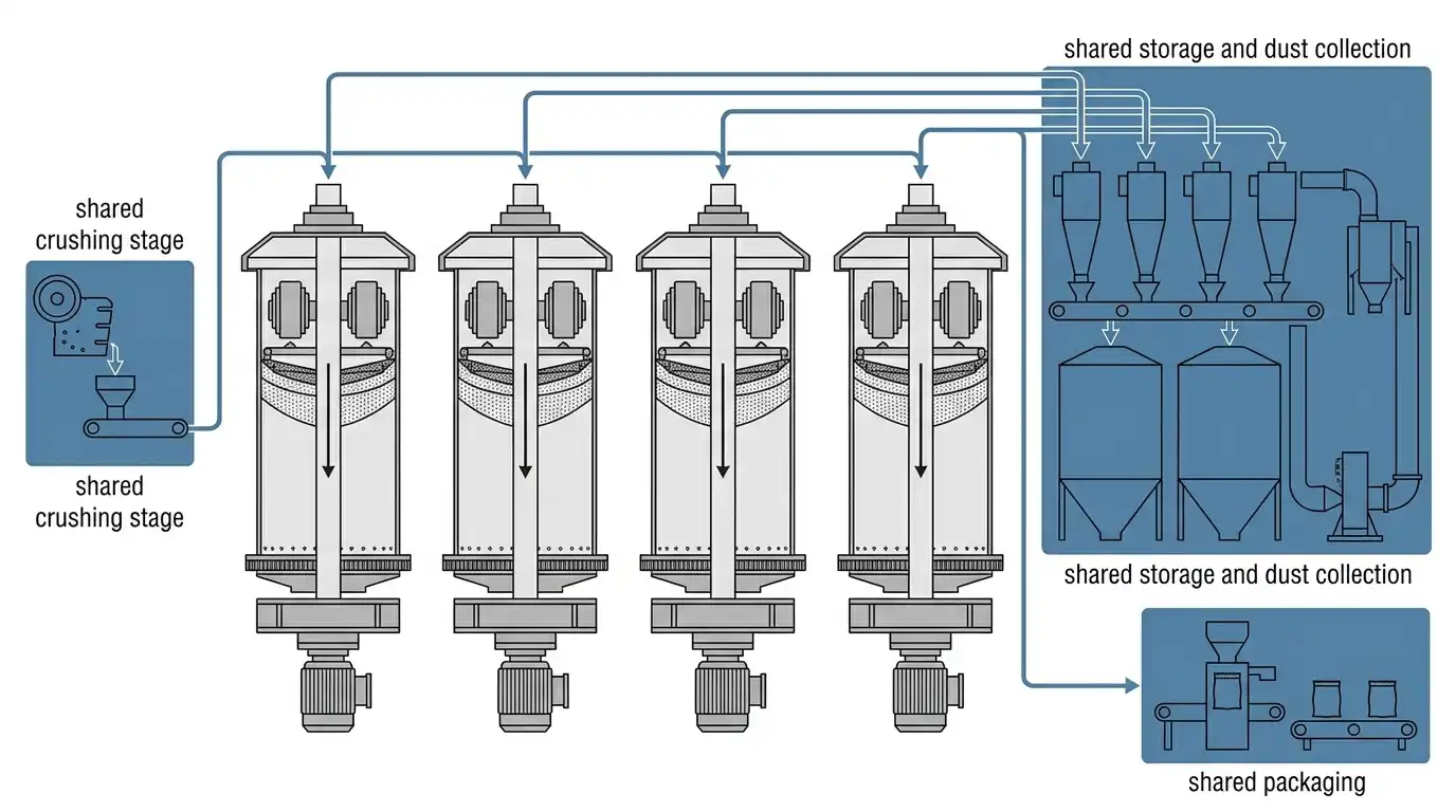 Four parallel Raymond mill units sharing common crushing, storage, and dust collection infrastructure
