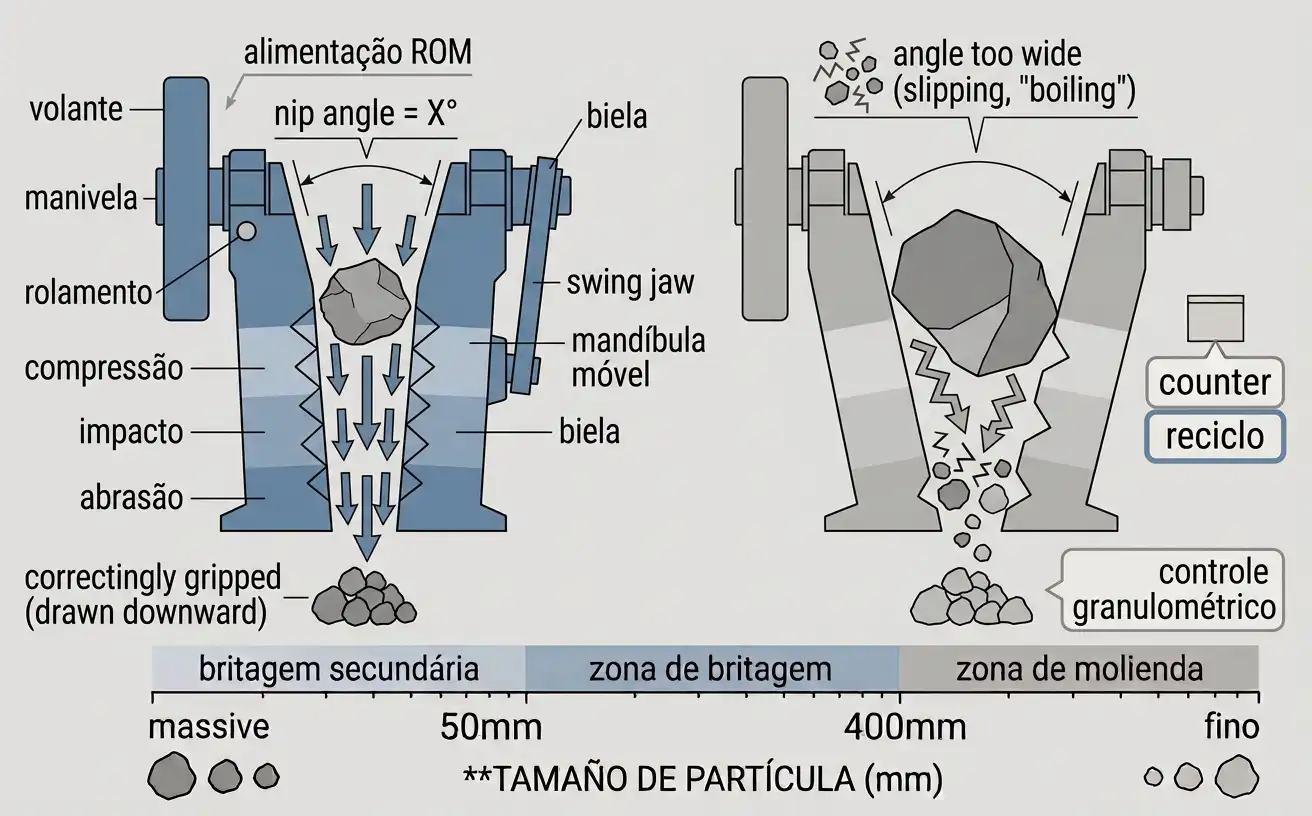 Jaw crusher nip angle diagram showing correctly gripped rock versus slipping at too wide an angle