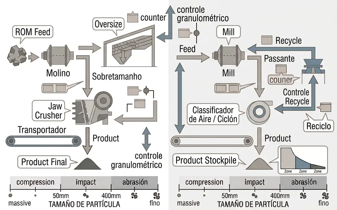 Open-circuit jaw crusher flow with one-way material movement and no recycle stream