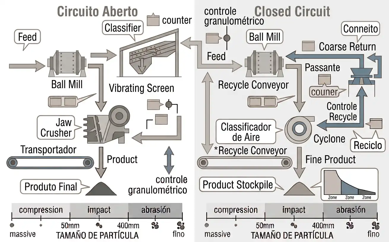Ball mill open and closed grinding circuits with classifier and coarse recycle