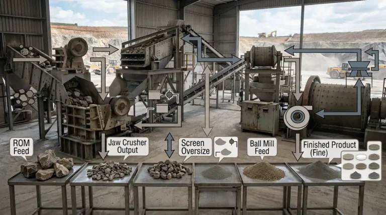 Mineral processing line showing particle sizes from coarse rock to fine powder